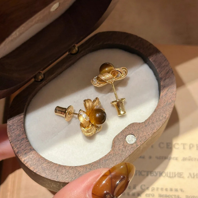 Gold-Plated 925 Silver｜ Cat's Eye Flower Stud Earrings