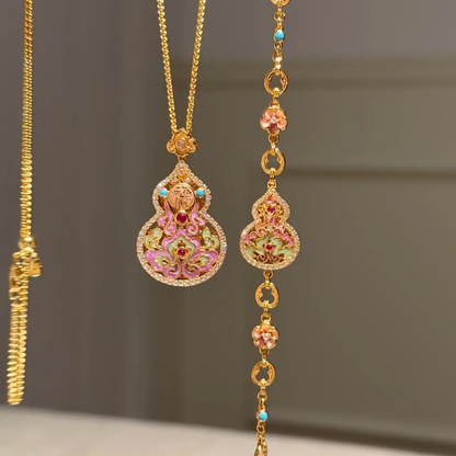 Gold-Plated 925 Silver｜Enamel Hollow Gourd Jewelry Set (Necklace+Bracelet)