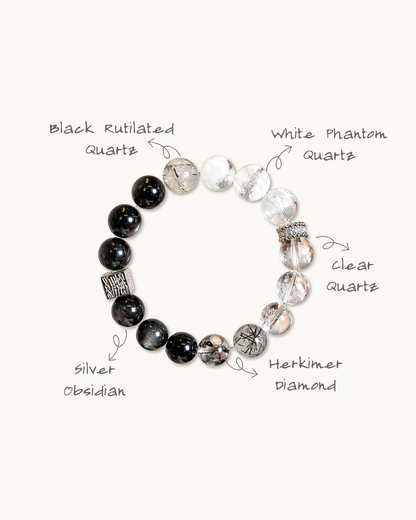 Quiet Mind, Silver Sheen & Clear Quartz Bracelet, Restore Your Peace
