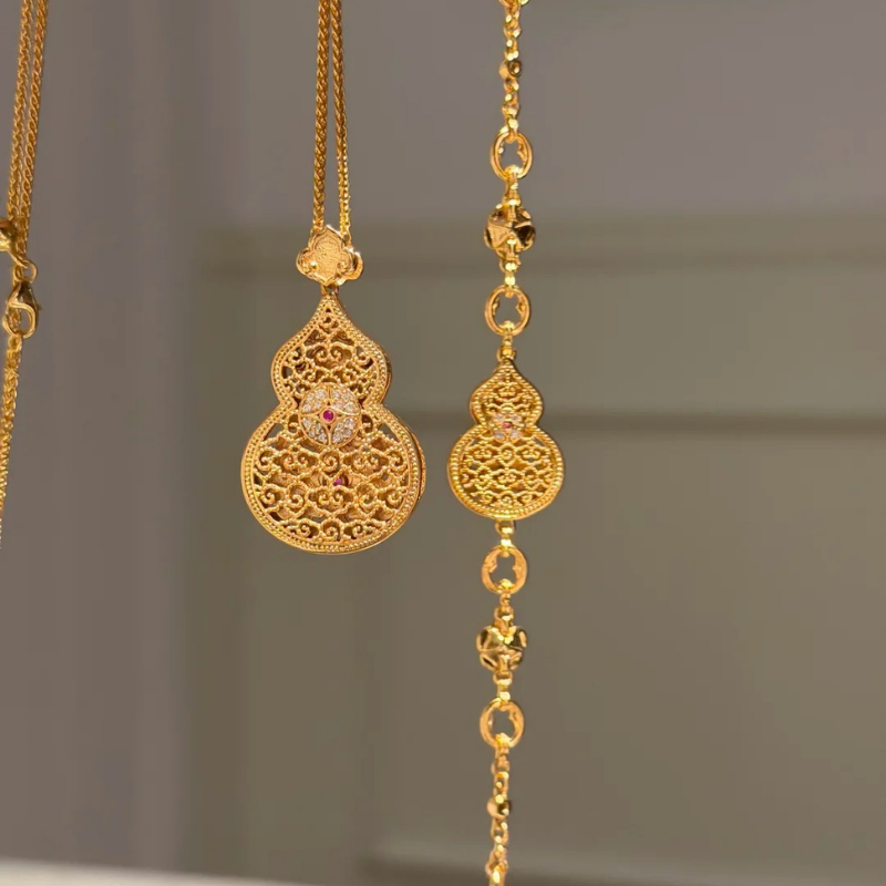 Gold-Plated 925 Silver｜Enamel Hollow Gourd Jewelry Set (Necklace+Bracelet)