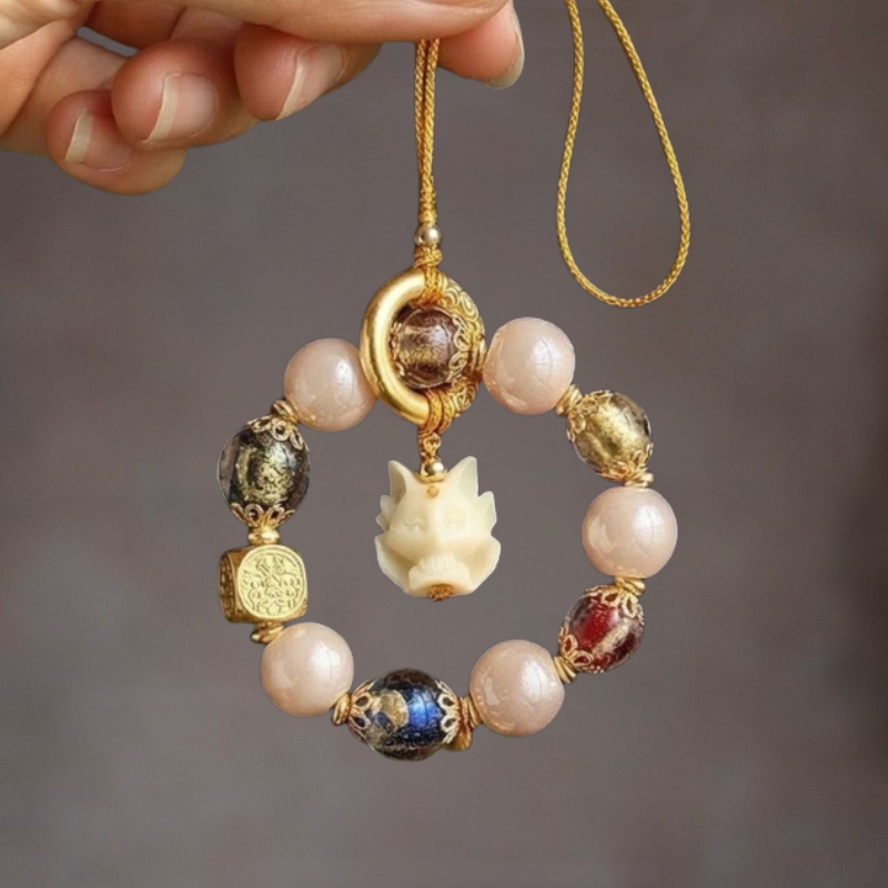 Nine-Tailed Fox Charm | Choose: Pink Porcelain for Five Blessings or Rose Quartz for Love