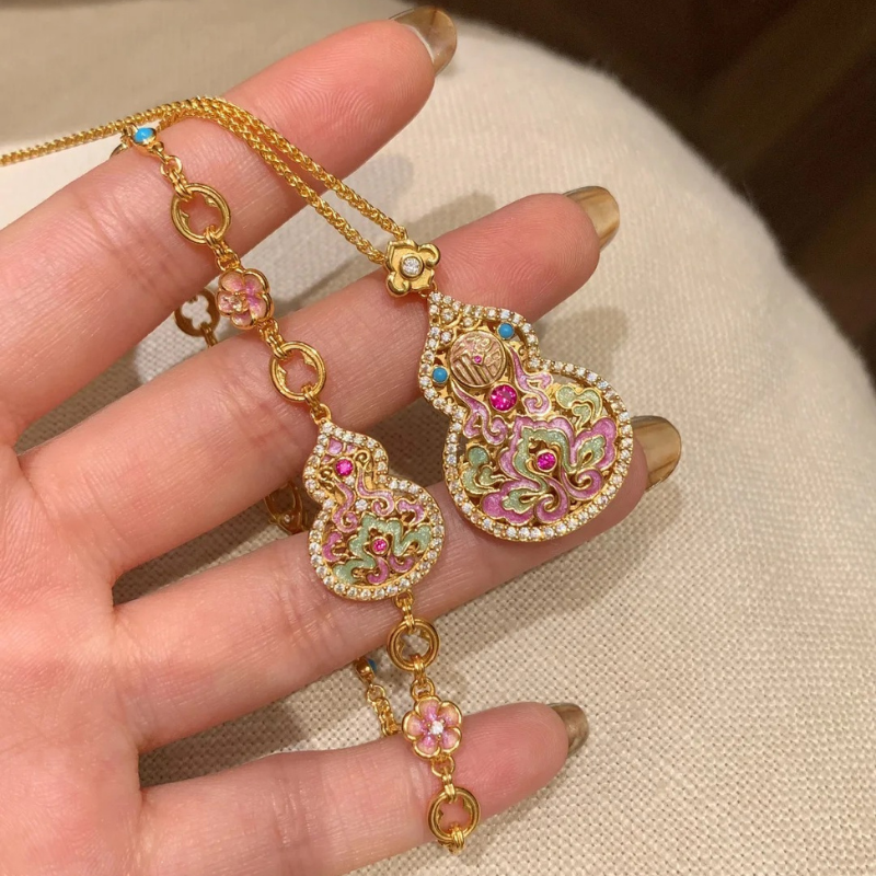 Gold-Plated 925 Silver｜Enamel Hollow Gourd Jewelry Set (Necklace+Bracelet)