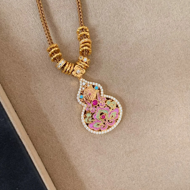 Gold-Plated 925 Silver｜Enamel Hollow Gourd Jewelry Set (Necklace+Bracelet)