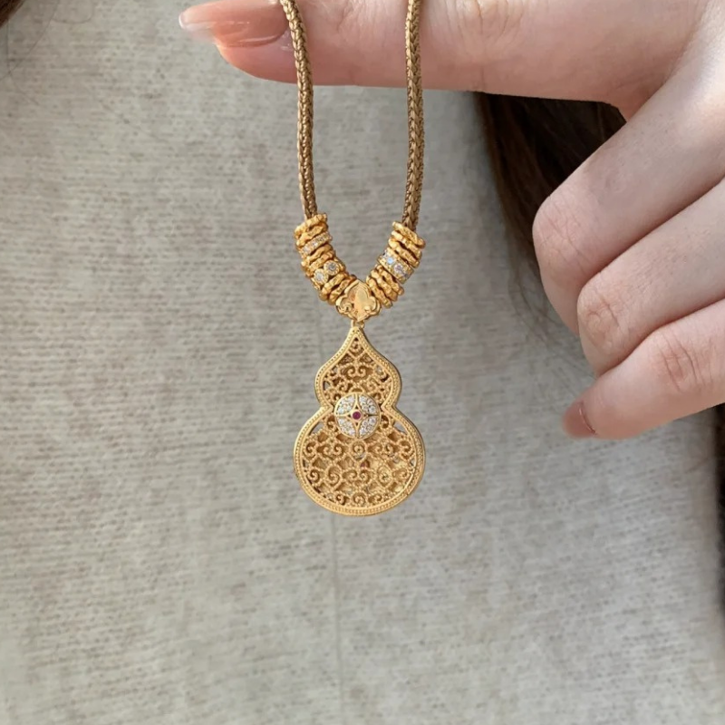 Gold-Plated 925 Silver｜Enamel Hollow Gourd Jewelry Set (Necklace+Bracelet)