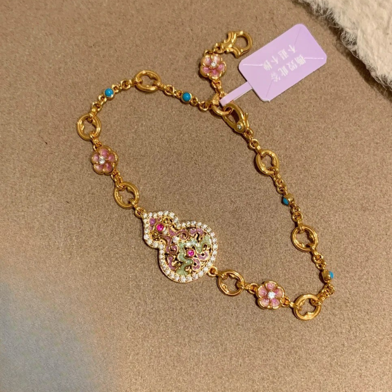 Gold-Plated 925 Silver｜Enamel Hollow Gourd Jewelry Set (Necklace+Bracelet)