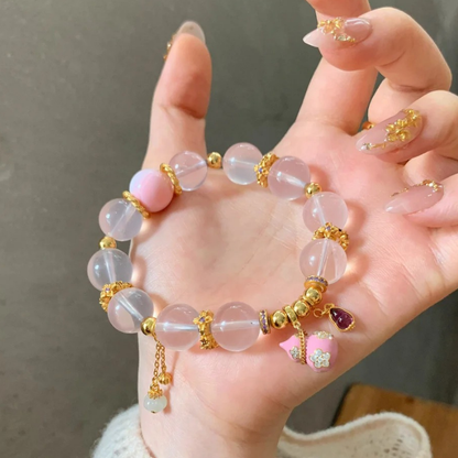 Gold-Plated 925 Silver｜Enamel Color Pink Gourd White Crystal Beaded Bracelet