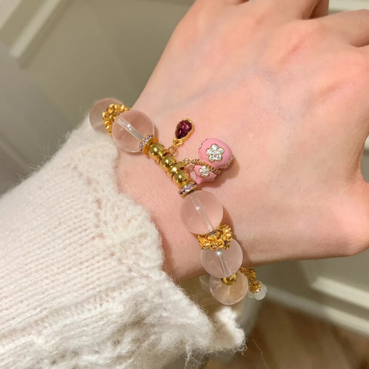 Gold-Plated 925 Silver｜Enamel Color Pink Gourd White Crystal Beaded Bracelet