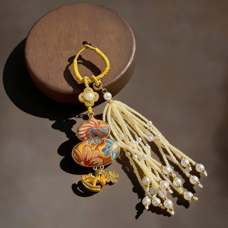 Double-Sided Gourd Charm | Chinese Embroidery Song Jin Talisman for Fortune & Protection