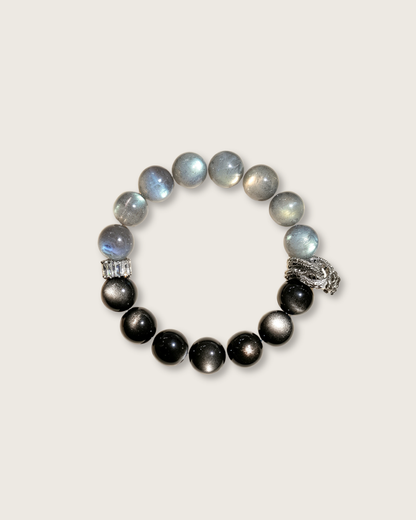 Silver Moon, Silver Sheen Obsidian & Moonstone Bracelet, Clear Negativity