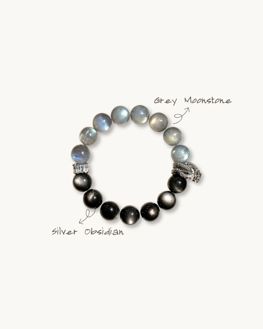 Silver Moon, Silver Sheen Obsidian & Moonstone Bracelet, Clear Negativity