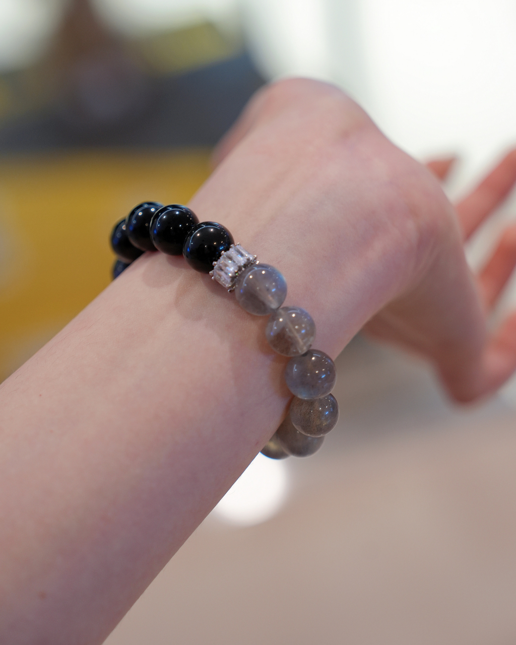 Silver Moon, Silver Sheen Obsidian & Moonstone Bracelet, Clear Negativity