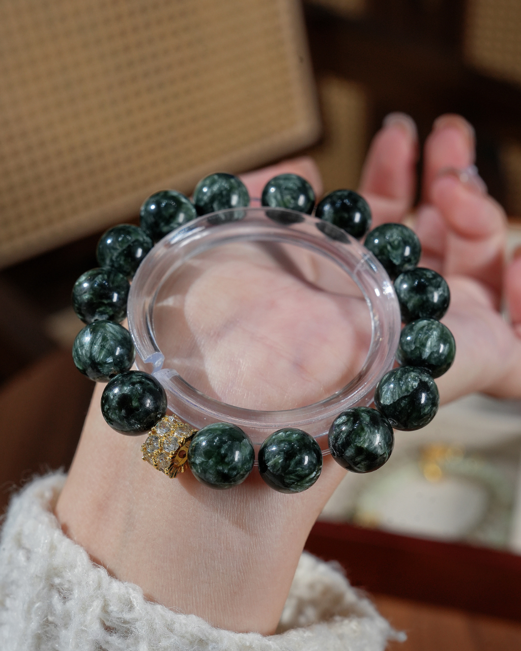 Lucky Bloom, Green Serpentine Bracelet, Clear Negativity