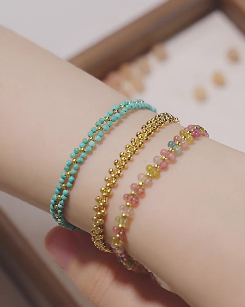 Handwoven, Starlight, Gold-Toned Bead Bracelet, Brighten Your Path