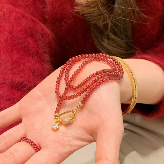 Gold-Plated 925 Silver｜Red Chalcedony Beaded Chain – 2-in-1 Bracelet & Necklace