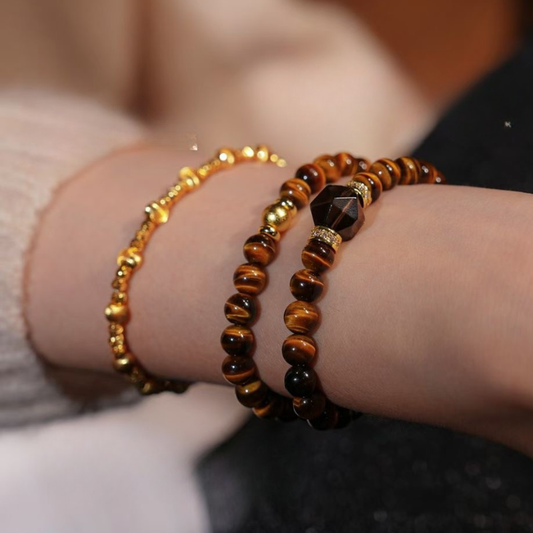 Double-wrap Bracelet｜Caramel Amber Tiger's Eye Smoky Quartz for Focus & Calm