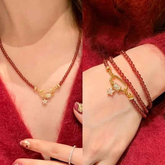 Gold-Plated 925 Silver｜Red Chalcedony Beaded Chain – 2-in-1 Bracelet & Necklace
