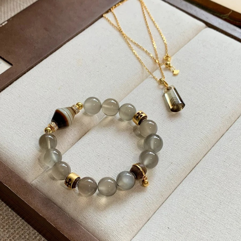 Gold-Plated 925 Silver｜Ink Wash Agate Necklace & Bracelet