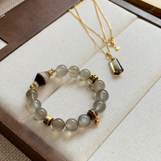 Gold-Plated 925 Silver｜Ink Wash Agate Necklace & Bracelet