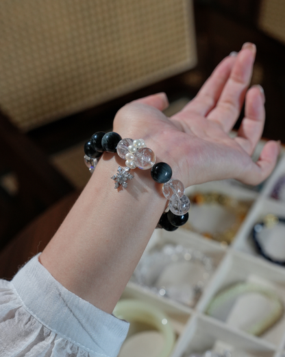 Snowy Peaks, Clear Quartz & Hawk's Eye Bracelet, Boost Your Energy