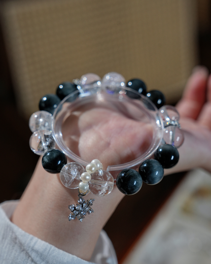 Snowy Peaks, Clear Quartz & Hawk's Eye Bracelet, Boost Your Energy