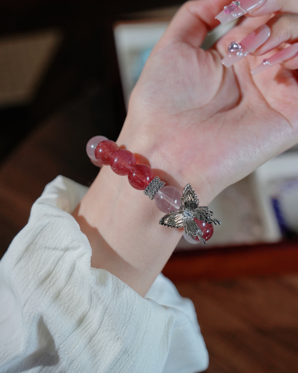 Pink Silver, Strawberry & Rose Quartz Bracelet, Boost Your Charm