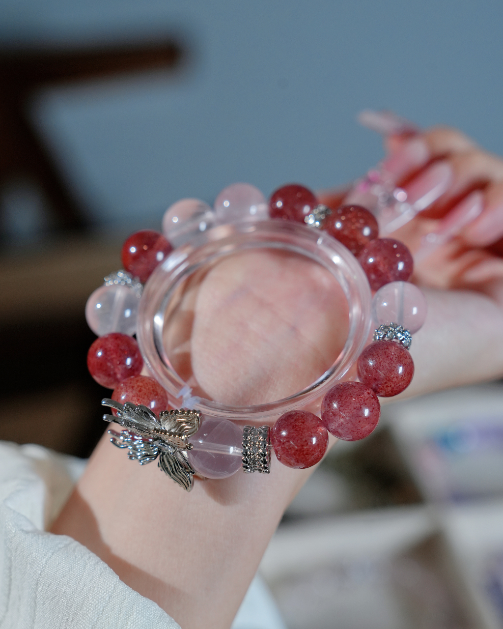 Pink Silver, Strawberry & Rose Quartz Bracelet, Boost Your Charm