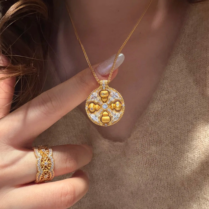 Gold-Plated 925 Silver｜8-Direction Wealth Gourd Compass - Diamond “Fu” Pendant for Money & Opportunities