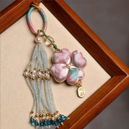 Four-Leaf Clover Lucky Charm | Chinese Embroidery Song Jin Charm with Tassel