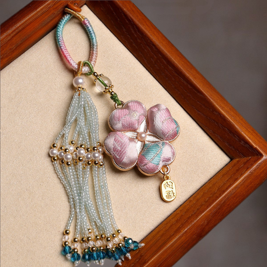Four-Leaf Clover Lucky Charm | Chinese Embroidery Song Jin Charm with Tassel