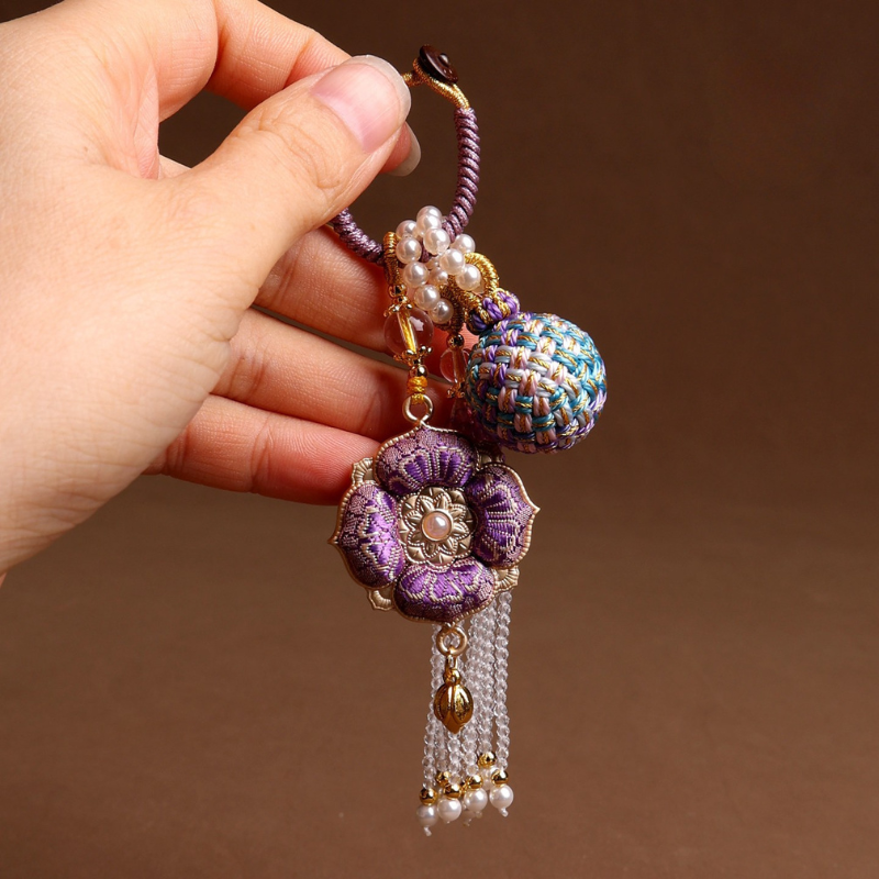 Double Blessing Charm: Auspicious Flower & Wish Sphere | Song Jin Embroidery & Crystal Tassel