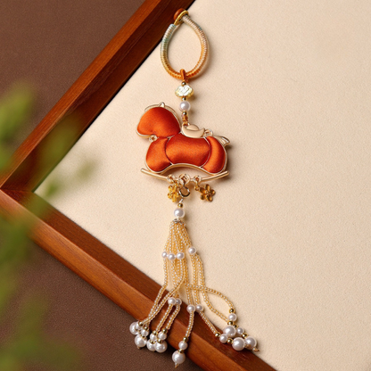 Double-Sided Song Jin Horse & Crystal Tassel Charm | Lucky Charm for Car, Bag
