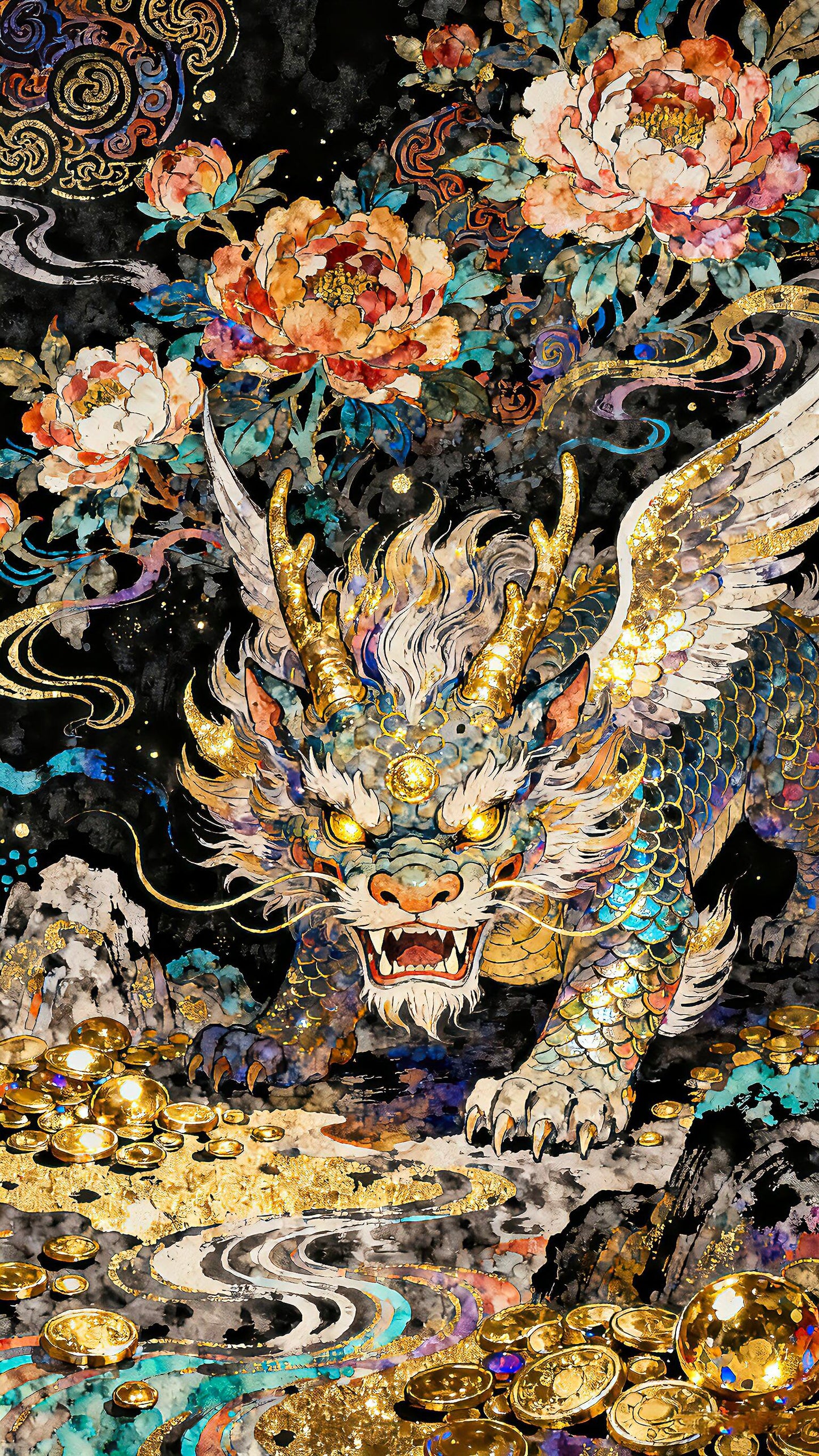 Pi Xiu & Peony Wallpaper: Wealth & Elegance Embodied