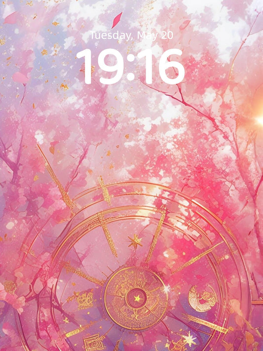Wealth & Luck Cycle: Gold Wheel Sakura Wallpaper for Fortune
