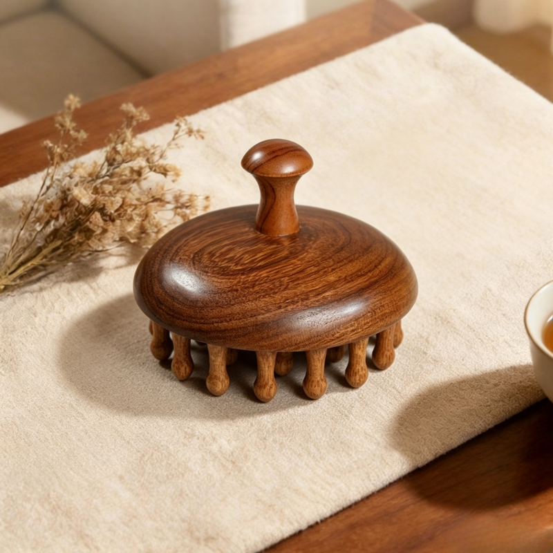 Massage Comb | 28-Tooth Dome Round Comb - Natural Golden Sandalwood for Head Meridian