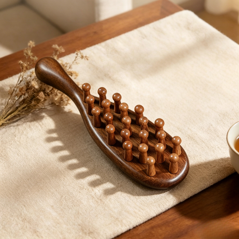 Massage Comb | Handle 22-Tooth Round Comb - Natural Golden Sandalwood for Scalp Meridian