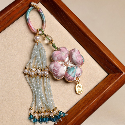 Four-Leaf Clover Lucky Charm | Chinese Embroidery Song Jin Charm with Tassel