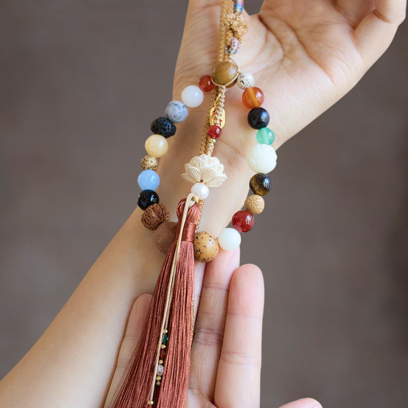 18-Seeds Multi-Gem Bodhi Car Charm | Natural Stone Mala for Protection & Blessings