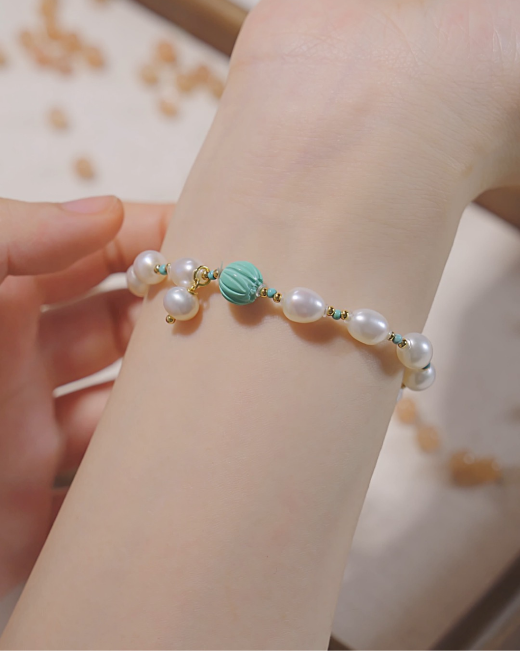 Freeform Series, Green Mountain, Pearl & Turquoise Bracelet, Soft Confidence