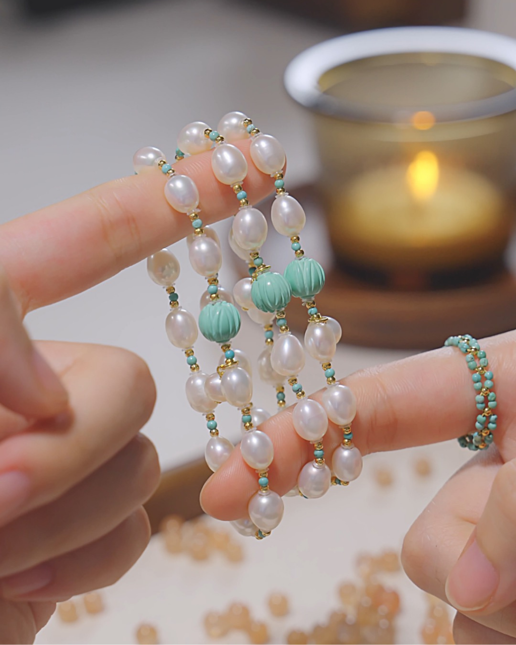Freeform Series, Green Mountain, Pearl & Turquoise Bracelet, Soft Confidence