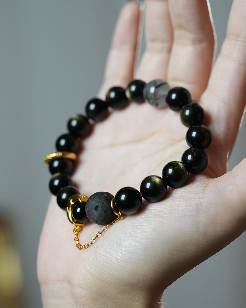 Black Moon, Gold Sheen & Silver Sheen Obsidian Bracelet, Shield Your Year