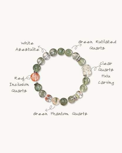 Money Bloom, Green Rutilated & Phantom Pixiu Bracelet, Attract Wealth