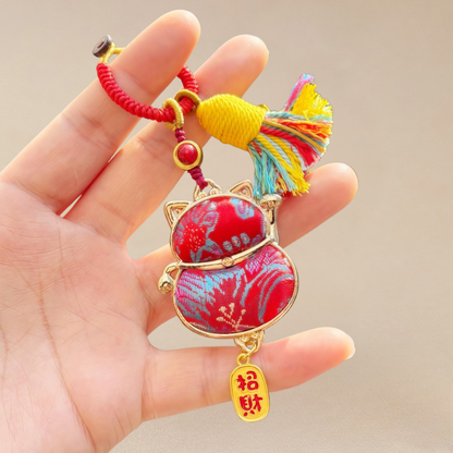 Double-Sided Lucky Cat Charm | Chinese Embroidery Song Jin Charm for Wealth & Good Fortune