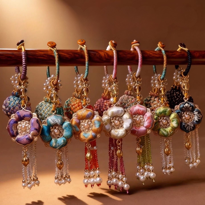 Double Blessing Charm: Auspicious Flower & Wish Sphere | Song Jin Embroidery & Crystal Tassel