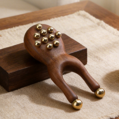 Massage Tool | Little Frog Shape - Walnut Handle with Brass Beads for Face & Eye Massage