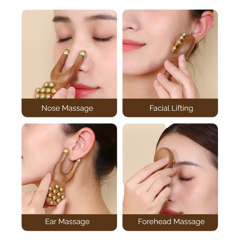 Massage Tool | Little Frog Shape - Walnut Handle with Brass Beads for Face & Eye Massage