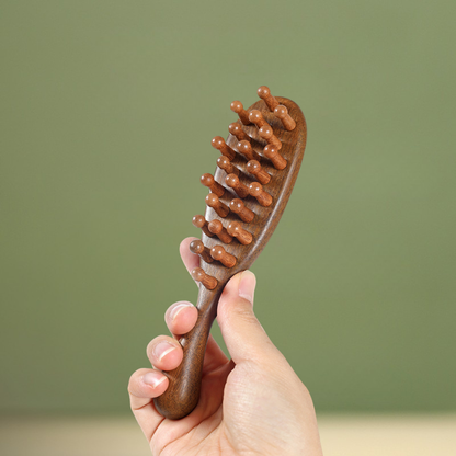 Massage Comb | Handle 22-Tooth Round Comb - Natural Golden Sandalwood for Scalp Meridian