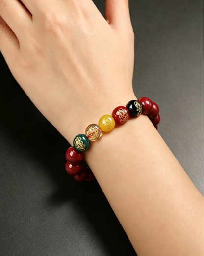 Five-Way Wealth Cinnabar & Agate Bracelet for Prosperity