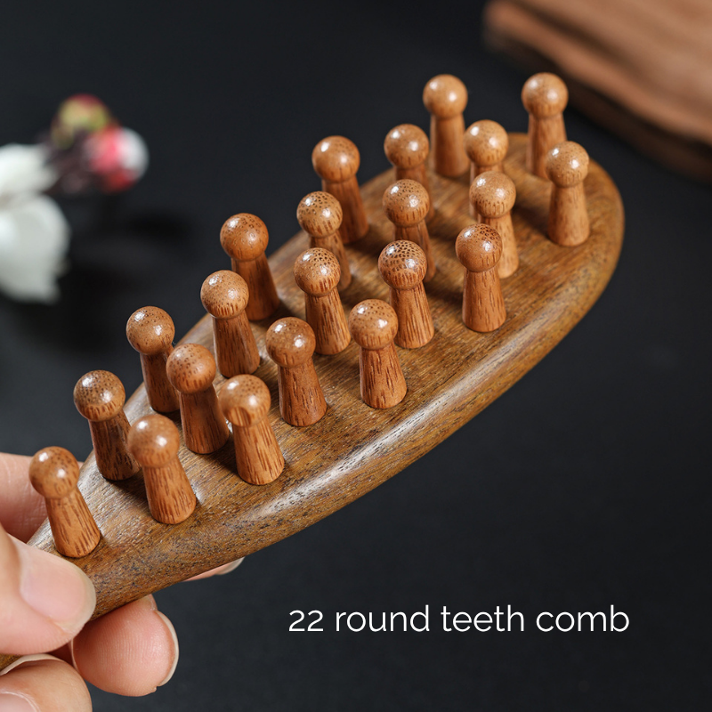 Massage Comb | Handle 22-Tooth Round Comb - Natural Golden Sandalwood for Scalp Meridian
