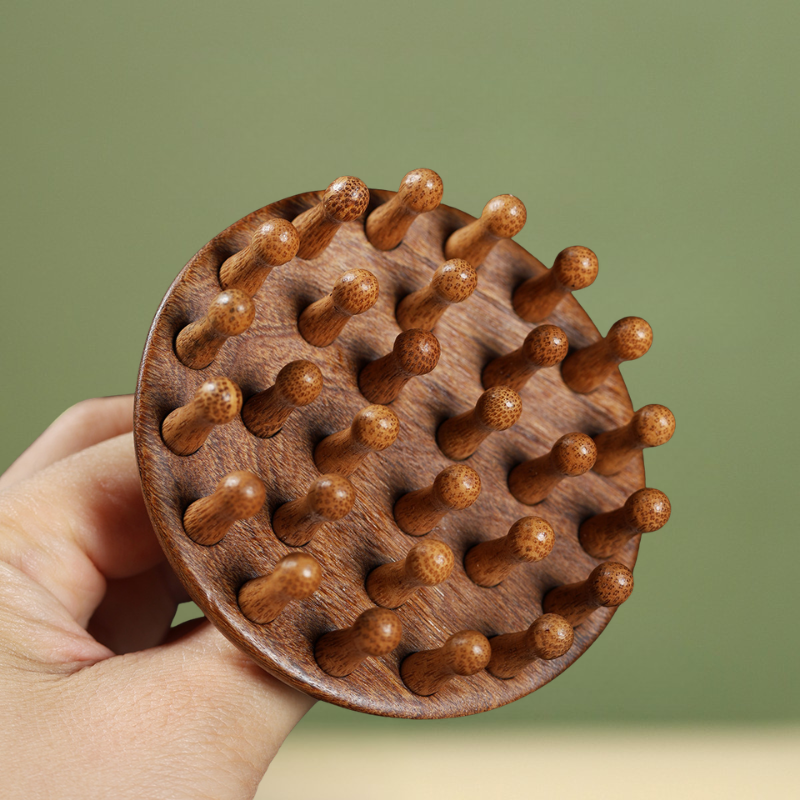 Massage Comb | 28-Tooth Dome Round Comb - Natural Golden Sandalwood for Head Meridian