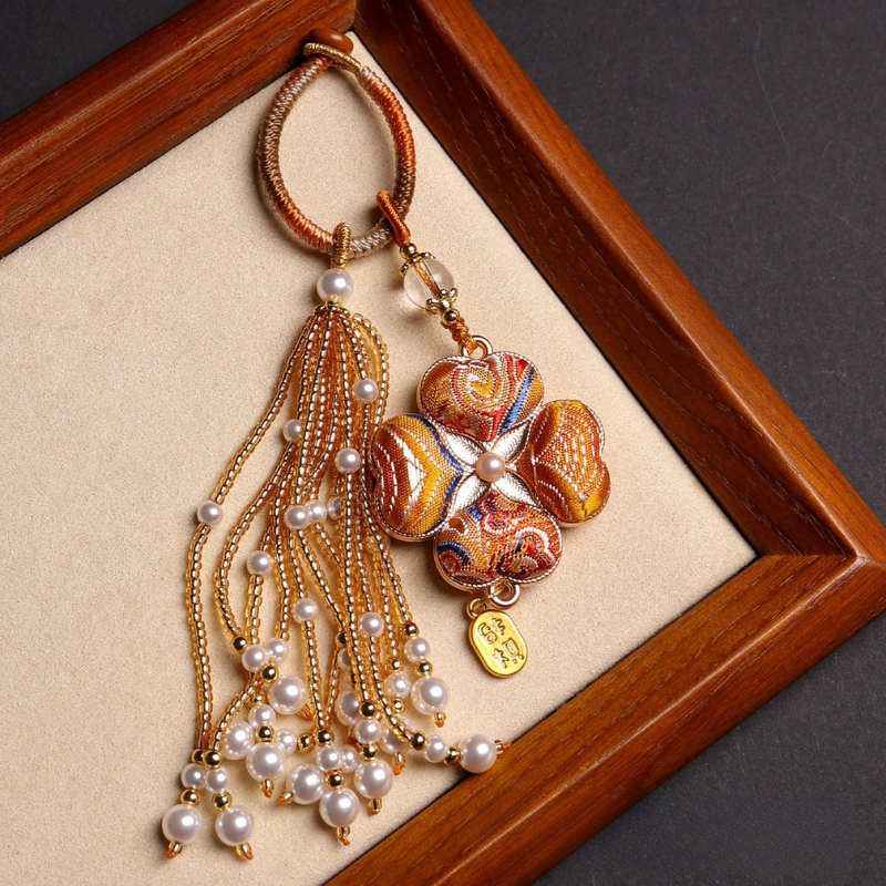Four-Leaf Clover Lucky Charm | Chinese Embroidery Song Jin Charm with Tassel